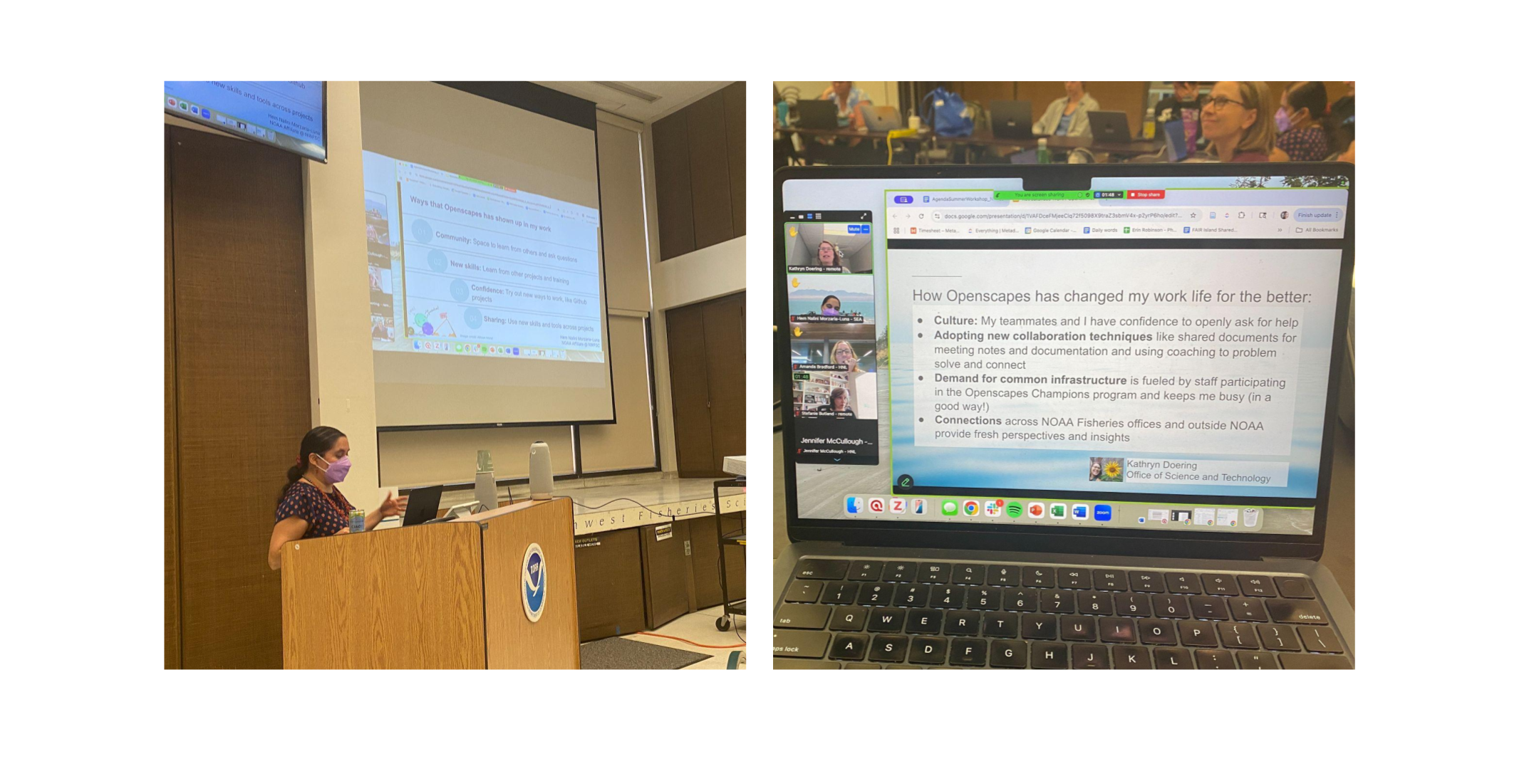 2 side-by-side photos. Left: a woman stands at a podium giving a presentation. Right: Foreground view of an open laptop showing the Zoom view of a slide. Audience in the background.